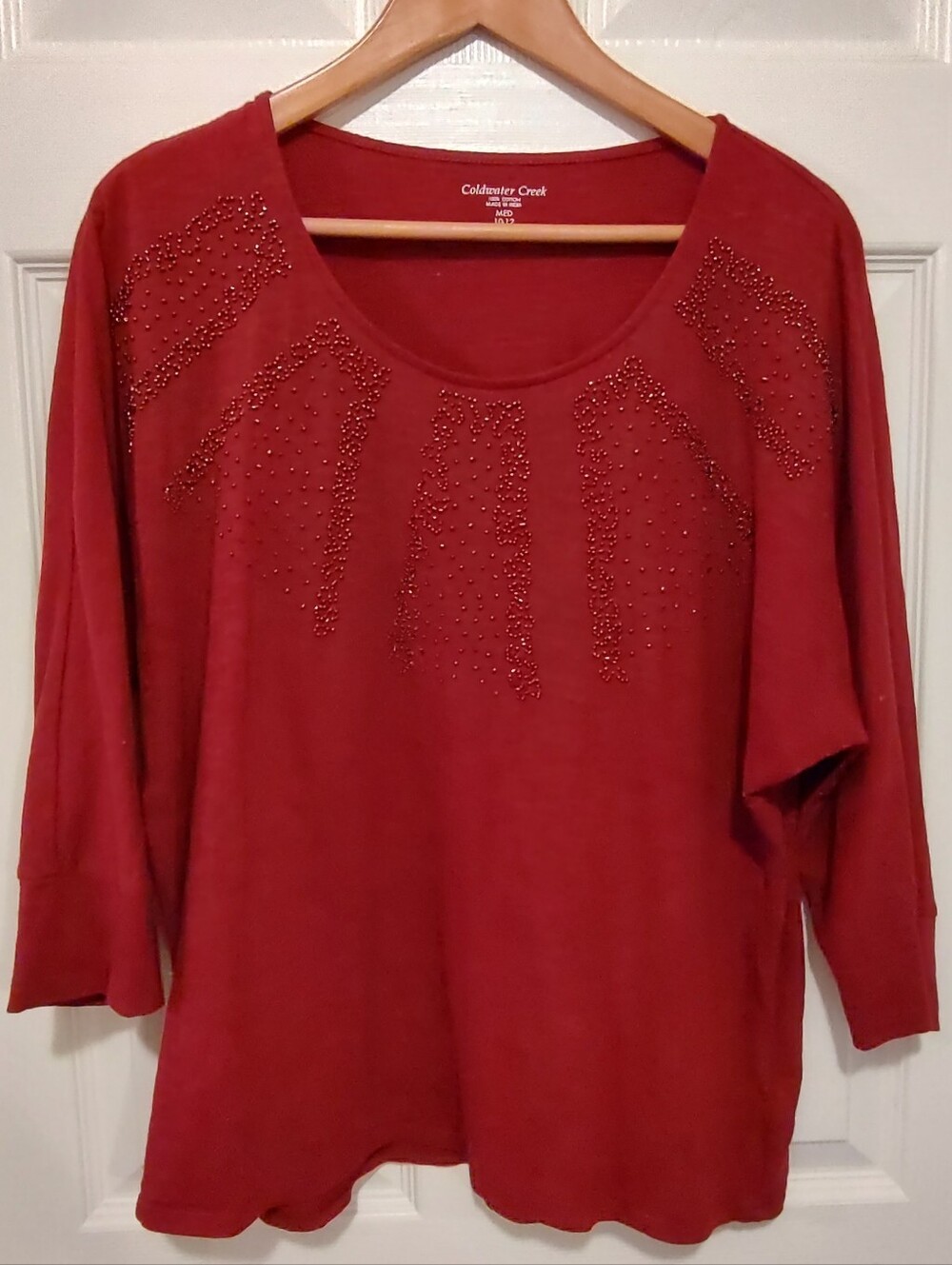 Coldwater Creek Red Beaded Scoop Neck Sweatshirt